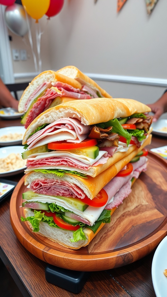 A large 6-foot party sub sandwich filled with meats and vegetables on a wooden platter.